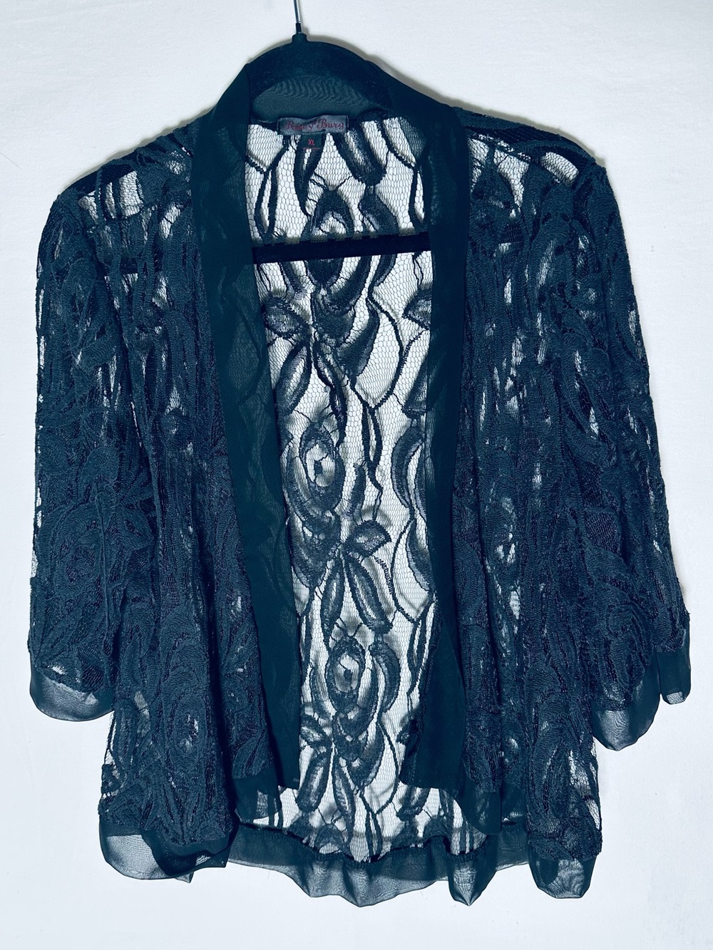 Rose Burg Black Lace Cardigan Shrug Sheer Floral Mesh Open Front Kimono XL